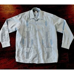 Ravgo Men's Guayabera Shirt L Blue Embroidered Long Sleeve Side Buttons